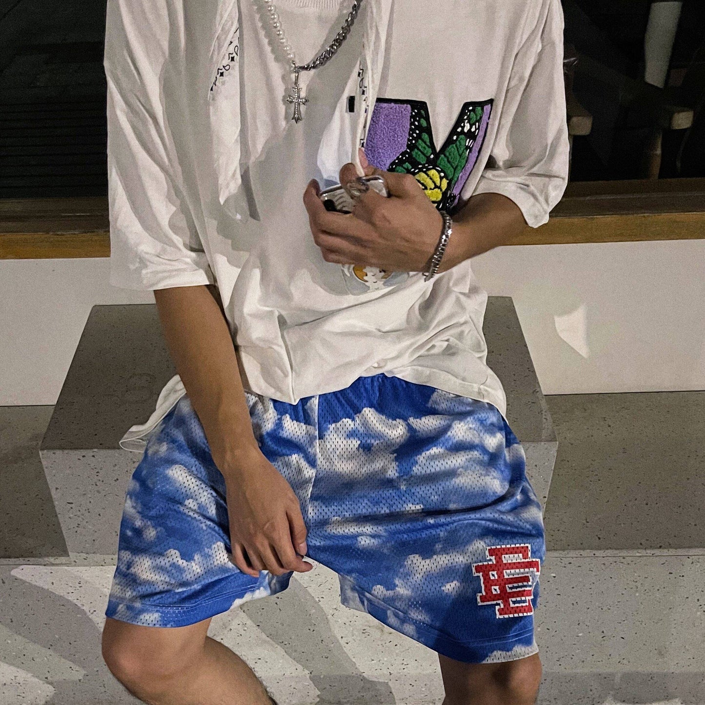 EE print shorts logo sweatpants mesh drawstring American shorts